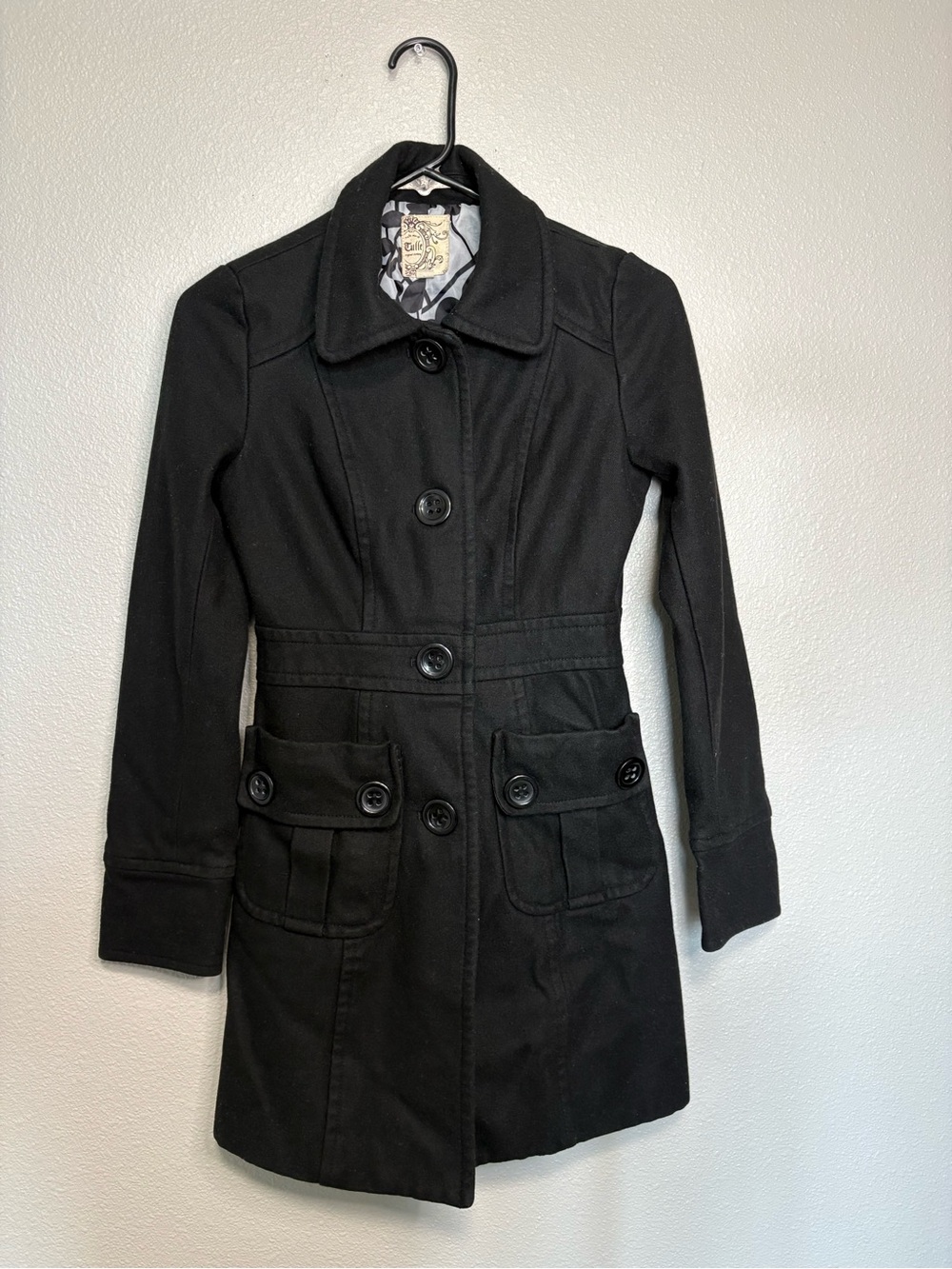 Anthropologie Tulle Wool Blend Peacoat XS Black Button Front Coat